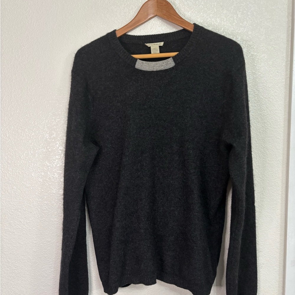 White + Warren 100% Cashmere Crewneck Sweater Charcoal Grey Contrast Trim Small